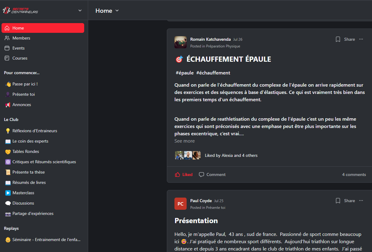 Aperçu de l'intérieur du Club — fil d'actualité avec posts d'entraineurs sur la préparation physique
